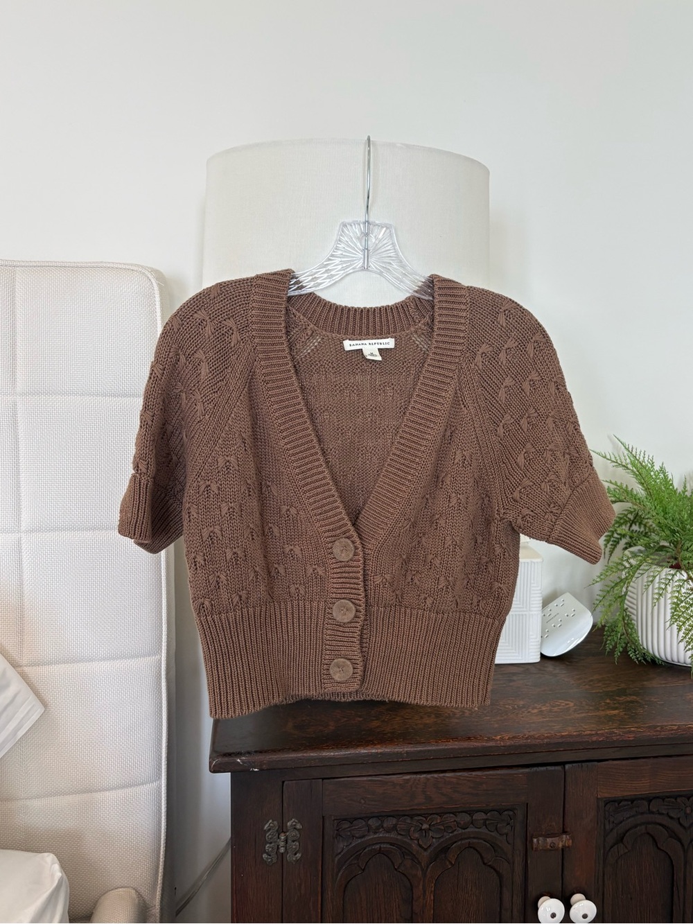 Banana Republic Brown Short-Sleeve Cable Knit Cardigan 100% Cotton Size M
